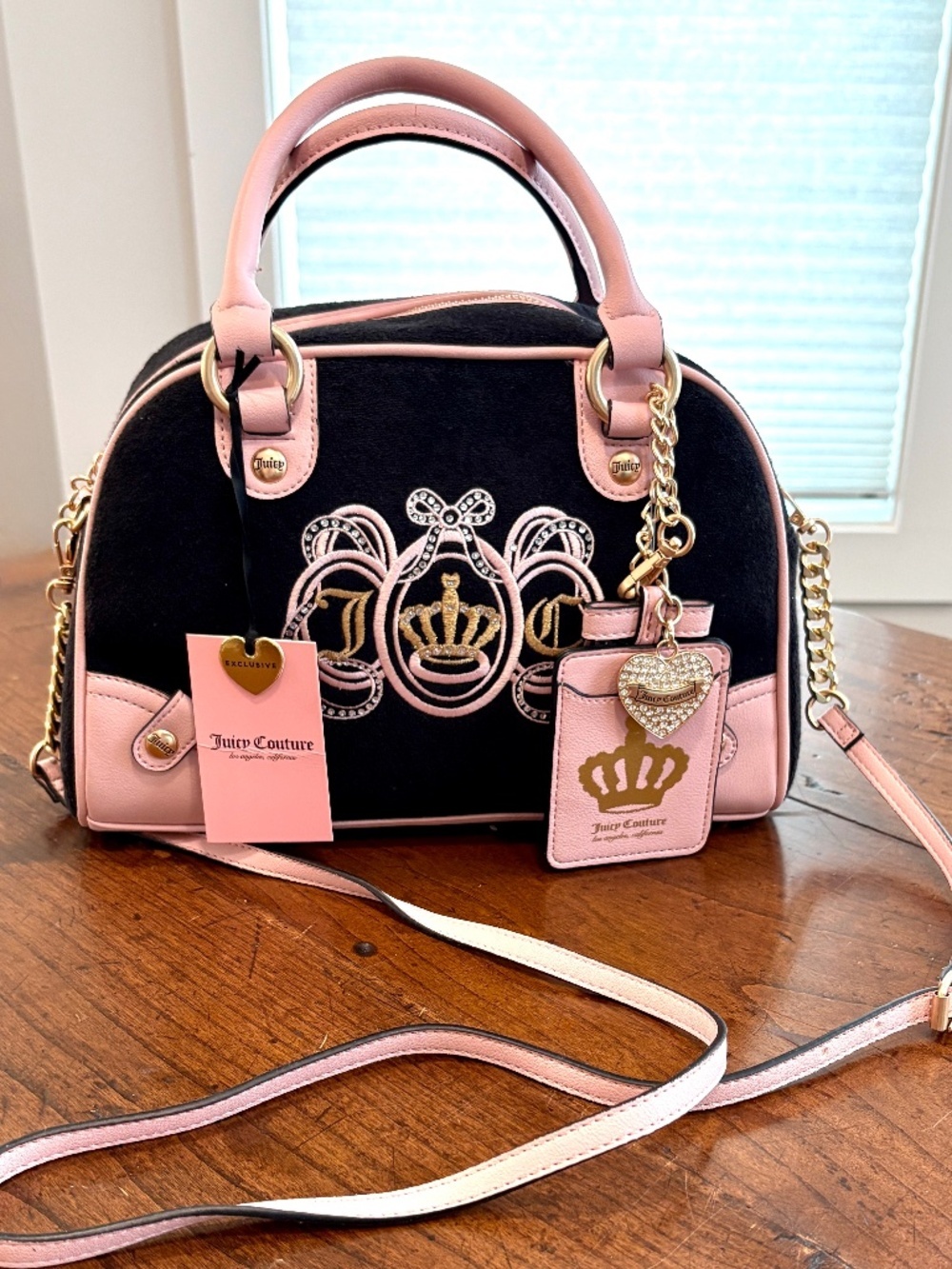 Juicy Couture Lovers Club Bowler Satchel Black Pink Velour Rhinestone Crown NWT
